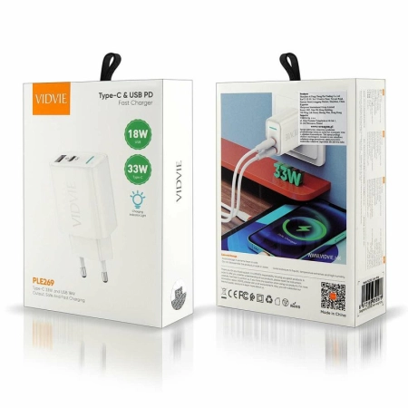 Ładowarka sieciowa USB-C PD 33W GaN +1xUSB QC3.0 Vidvie PLE269 biała